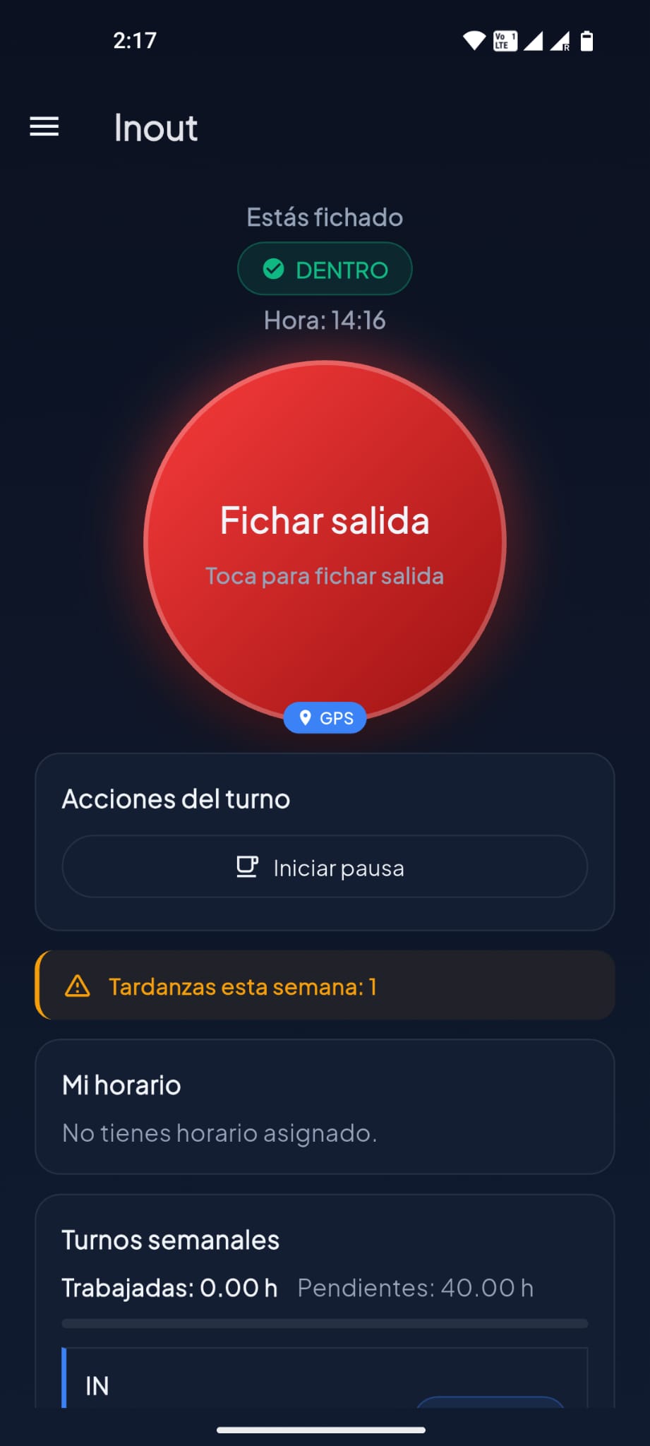 Pantalla de la app Trust in Time mostrando el fichaje digital